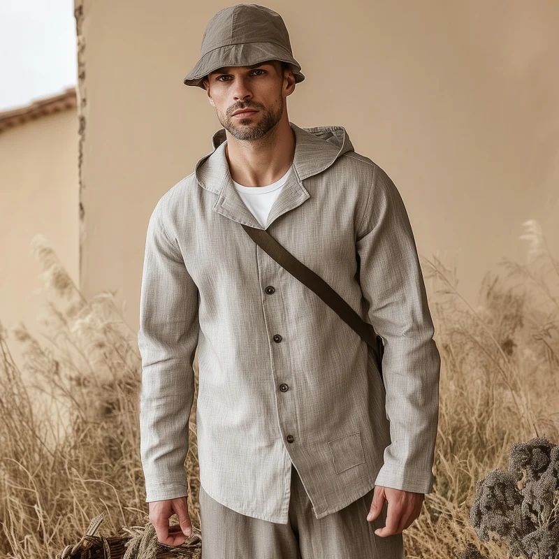 Aaron | Men'S Casual Solid Color Breathable Linen Lapel Hooded Loose Long Sleeve Shirt - Image 3
