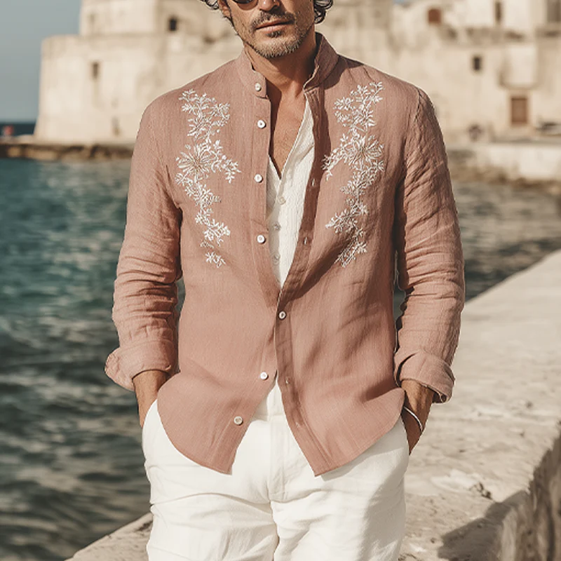 Abram | Men'S Spring And Summer Retro Exquisite Embroidered Tencel Cotton Stand Collar Long Sleeve Shirt - Image 2