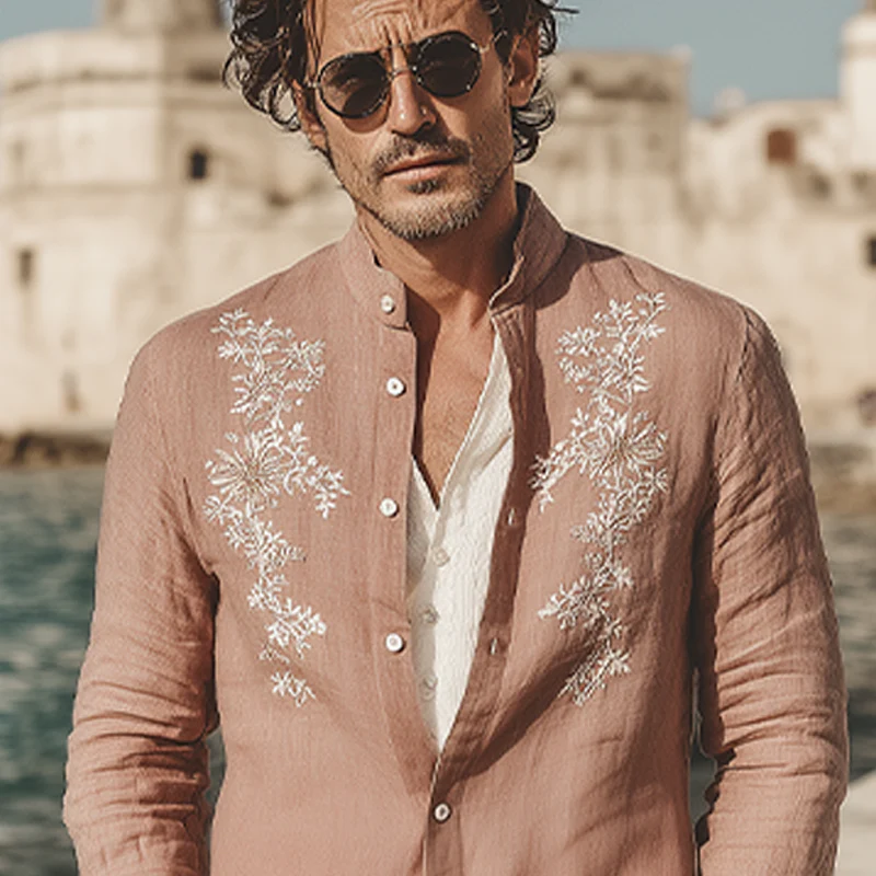Abram | Men'S Spring And Summer Retro Exquisite Embroidered Tencel Cotton Stand Collar Long Sleeve Shirt - Image 4