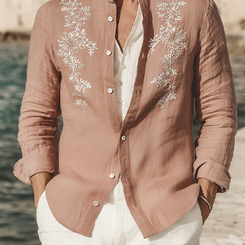 Abram | Men'S Spring And Summer Retro Exquisite Embroidered Tencel Cotton Stand Collar Long Sleeve Shirt - Image 5
