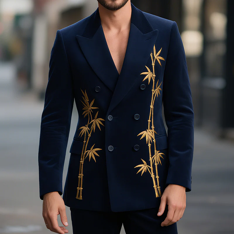Abram | Men'S Vintage Casual Velvet Bamboo Embroidery Double Breasted Blazer - Image 2