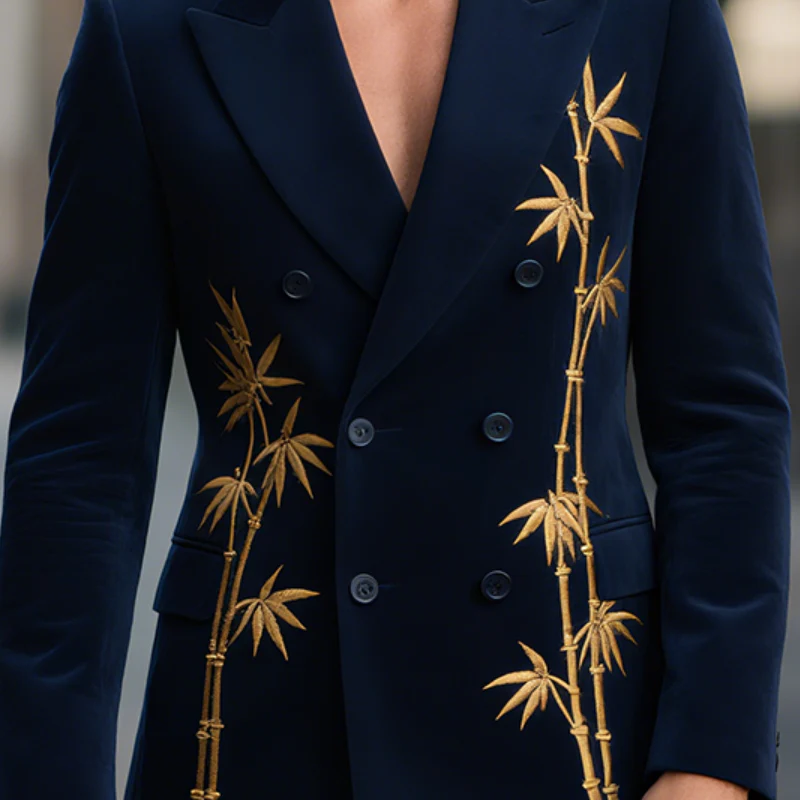 Abram | Men'S Vintage Casual Velvet Bamboo Embroidery Double Breasted Blazer - Image 3