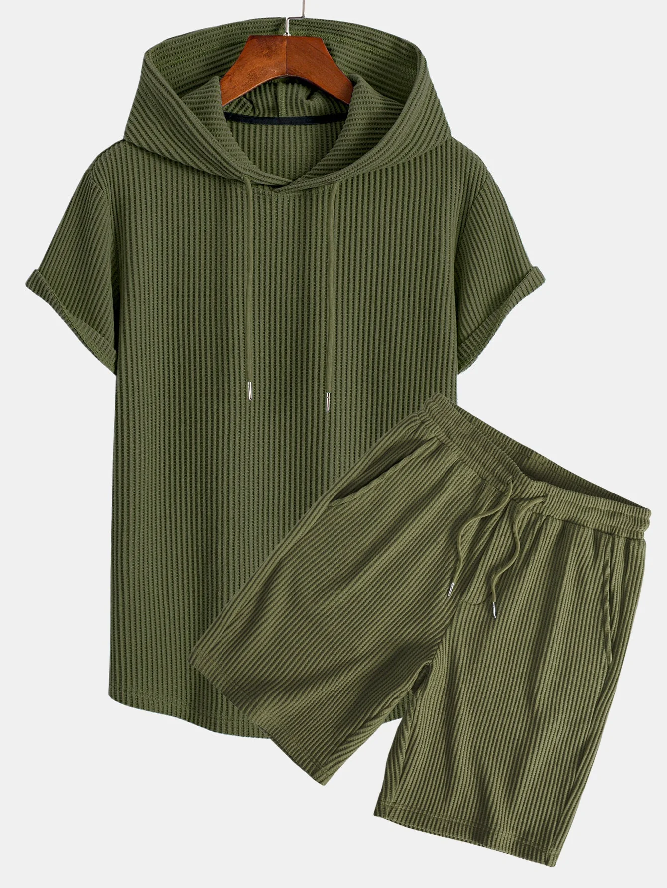 Adalton® | Knitted Waffle Arc Hem Hooded T-Shirt & Drawstring Waffle Shorts - Image 2