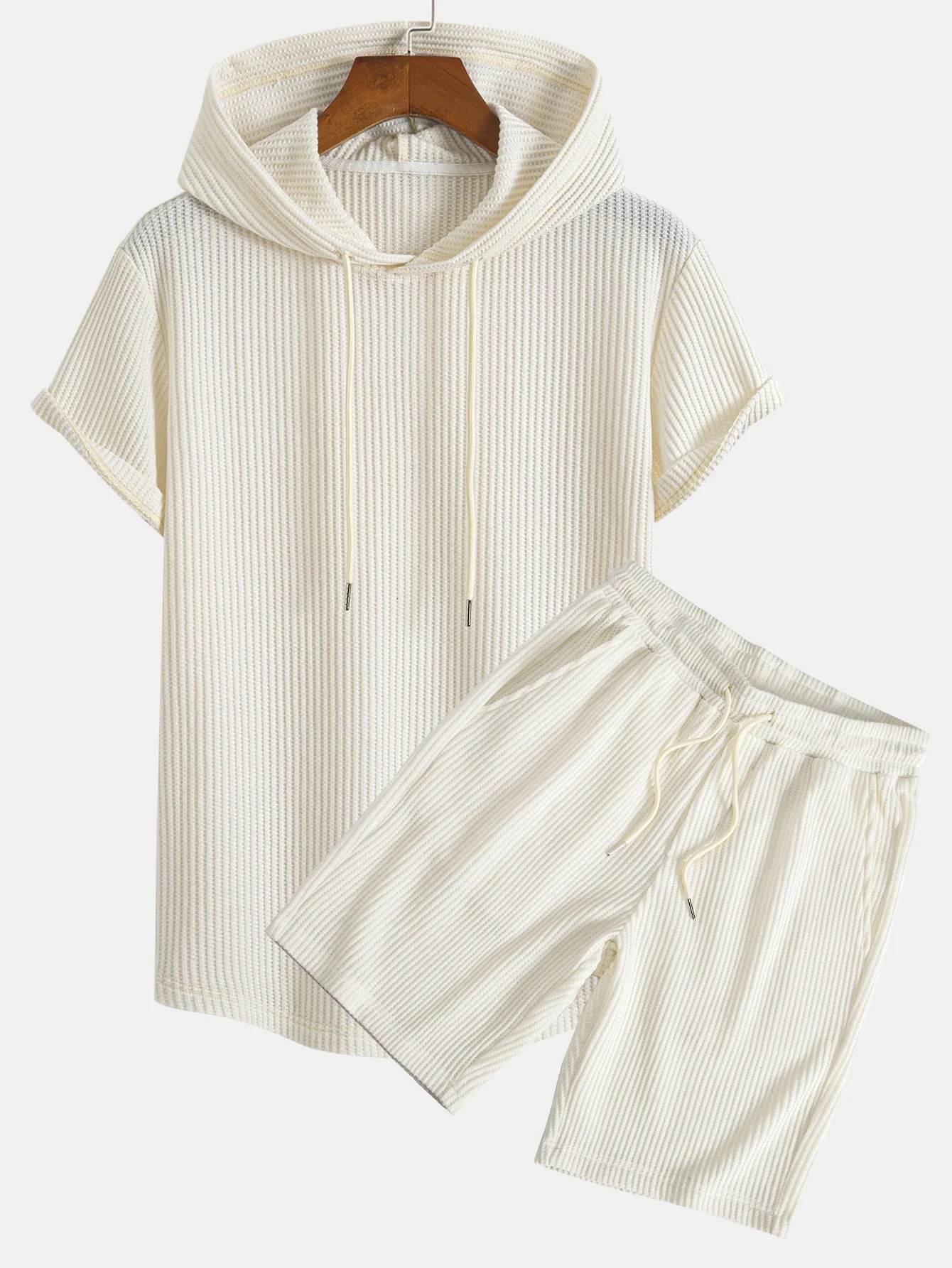 Adalton® | Knitted Waffle Arc Hem Hooded T-Shirt & Drawstring Waffle Shorts - Image 4