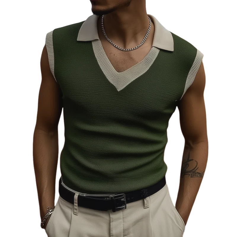 Adam | Men'S Casual Breathable Colorblock Lapel Slim Fit Knitted Sleeveless Polo Shirt