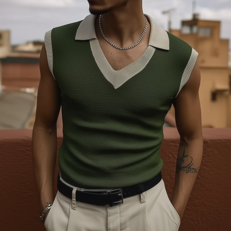 Adam | Men'S Casual Breathable Colorblock Lapel Slim Fit Knitted Sleeveless Polo Shirt - Image 2