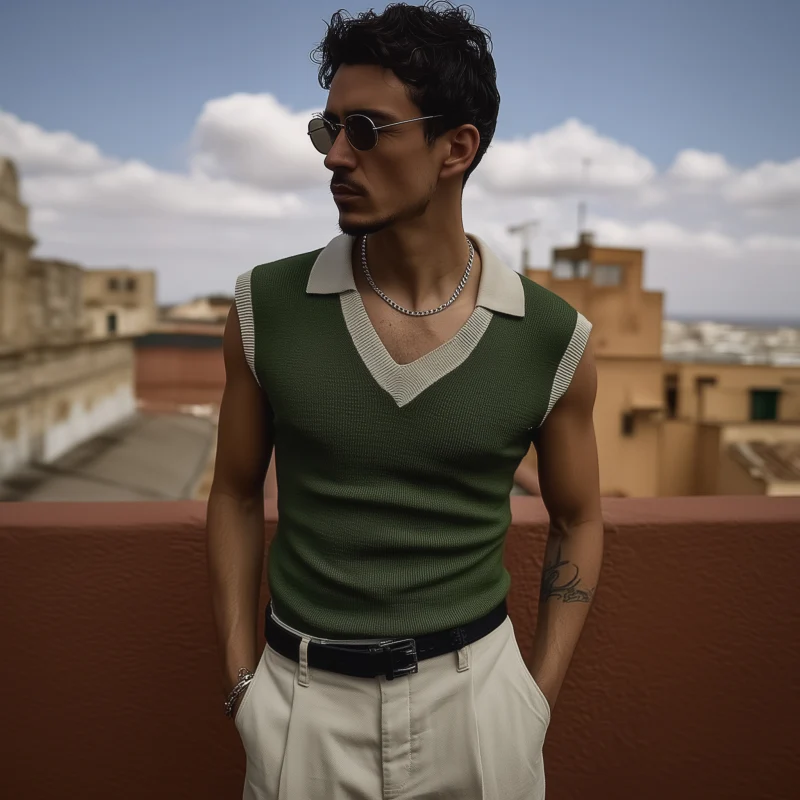 Adam | Men'S Casual Breathable Colorblock Lapel Slim Fit Knitted Sleeveless Polo Shirt - Image 3