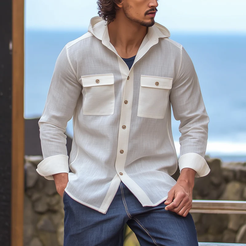 Adam | Men'S Casual Solid Color Breathable Linen Chest Pocket Hooded Loose Long Sleeve Shirt - Image 2