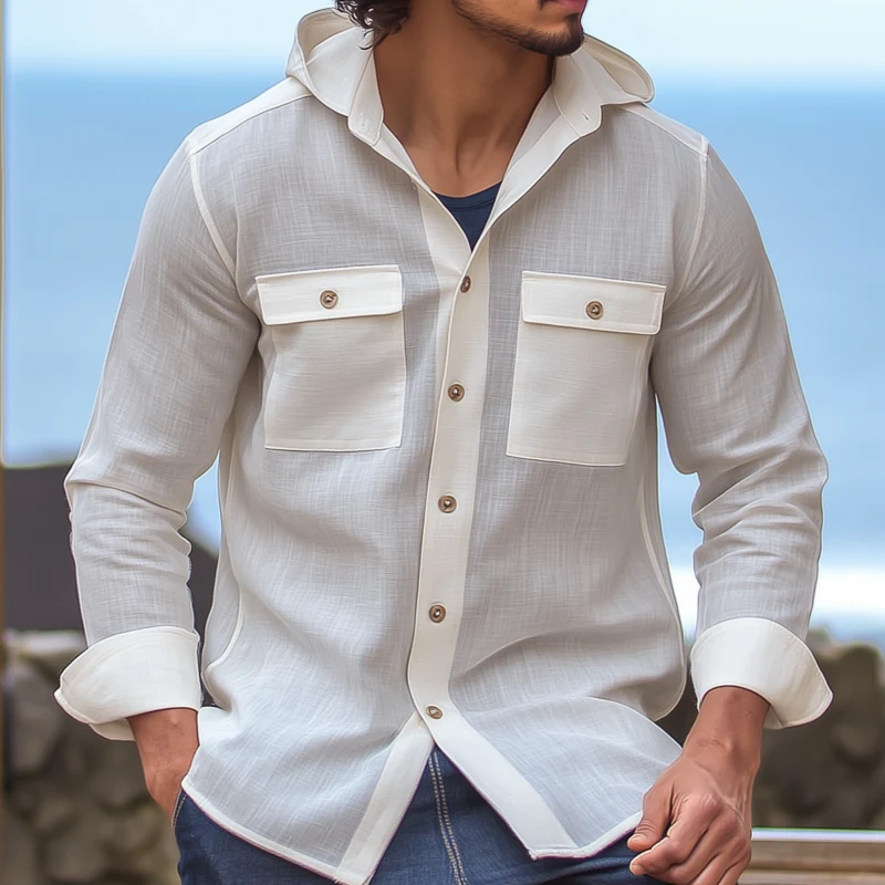 Adam | Men'S Casual Solid Color Breathable Linen Chest Pocket Hooded Loose Long Sleeve Shirt - Image 3
