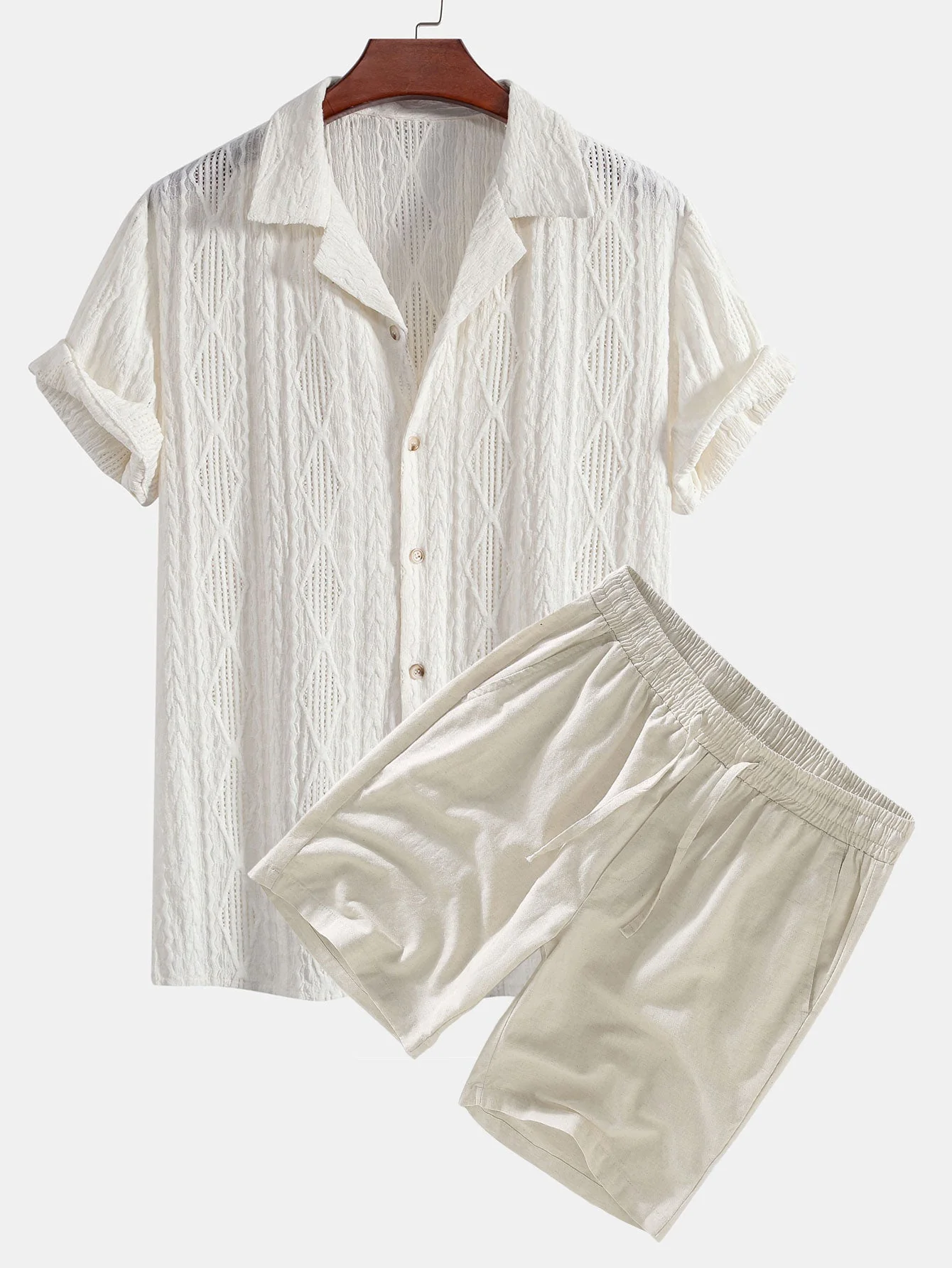 Adelin® | Geometric Jacquard Cuban Shirt & Linen Drawstring Shorts - Image 2