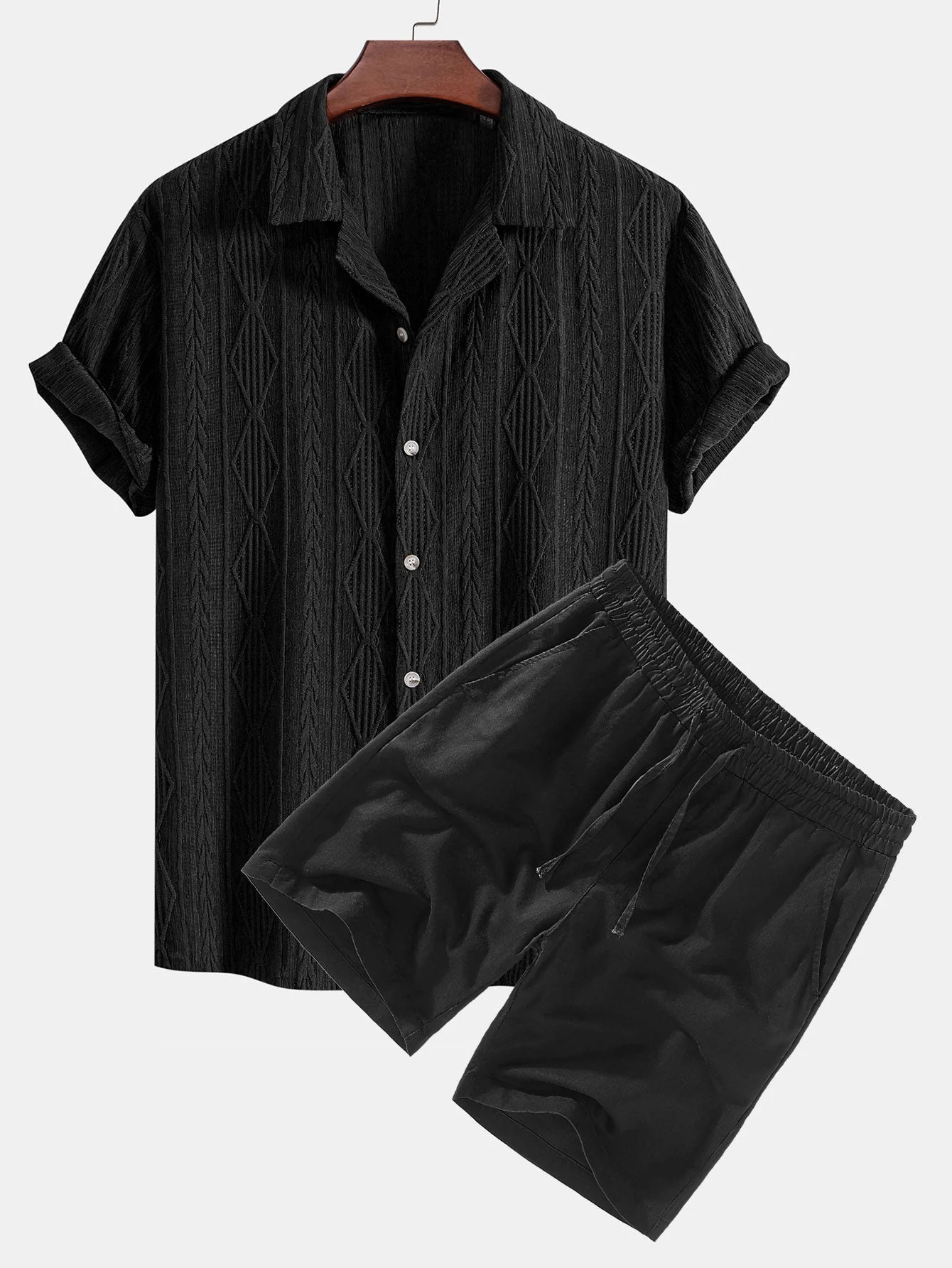 Adelin® | Geometric Jacquard Cuban Shirt & Linen Drawstring Shorts - Image 3