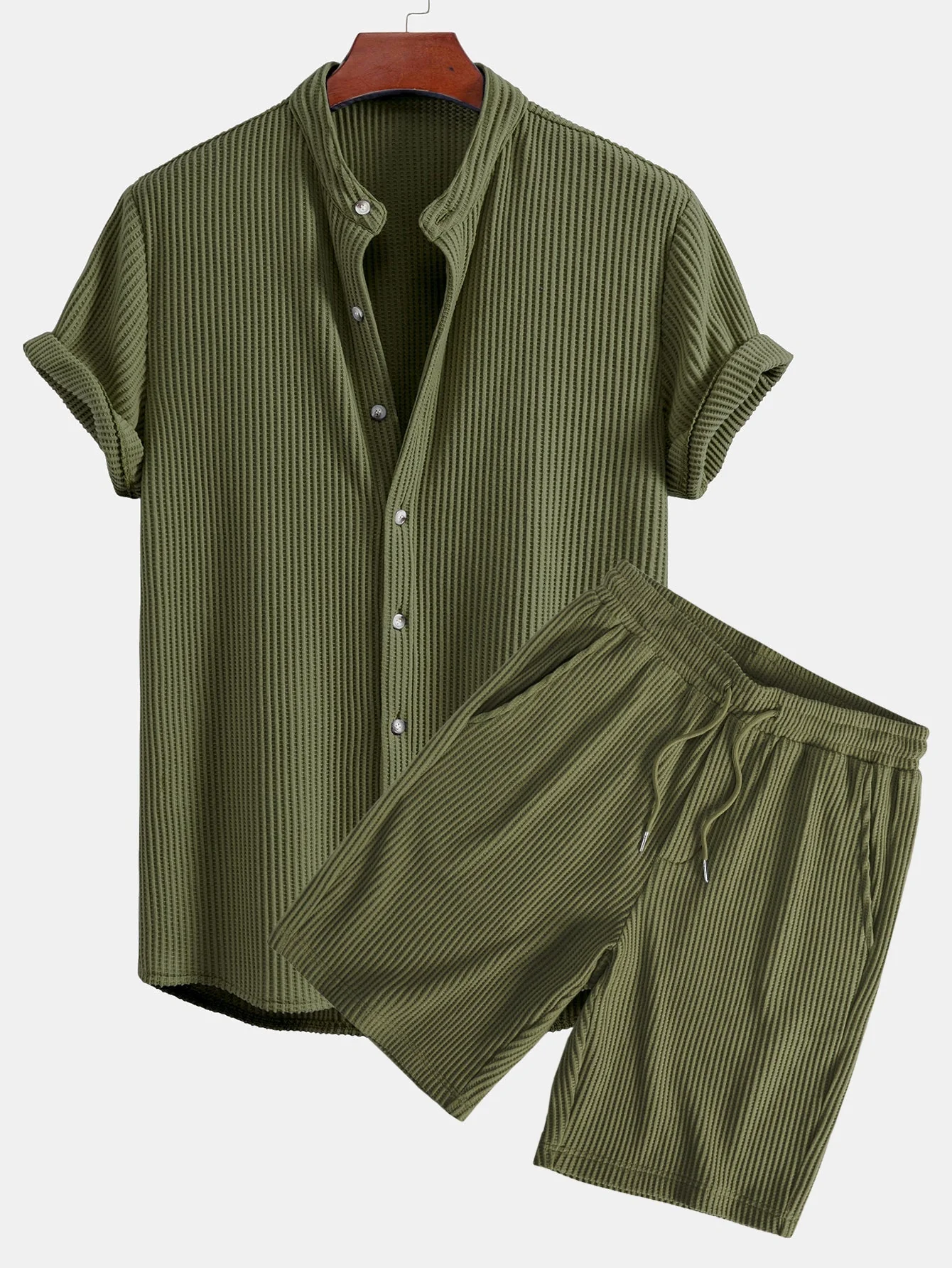 Adelmo® | Waffle Stand Collar Shirt & Drawstring Waffle Shorts - Image 2