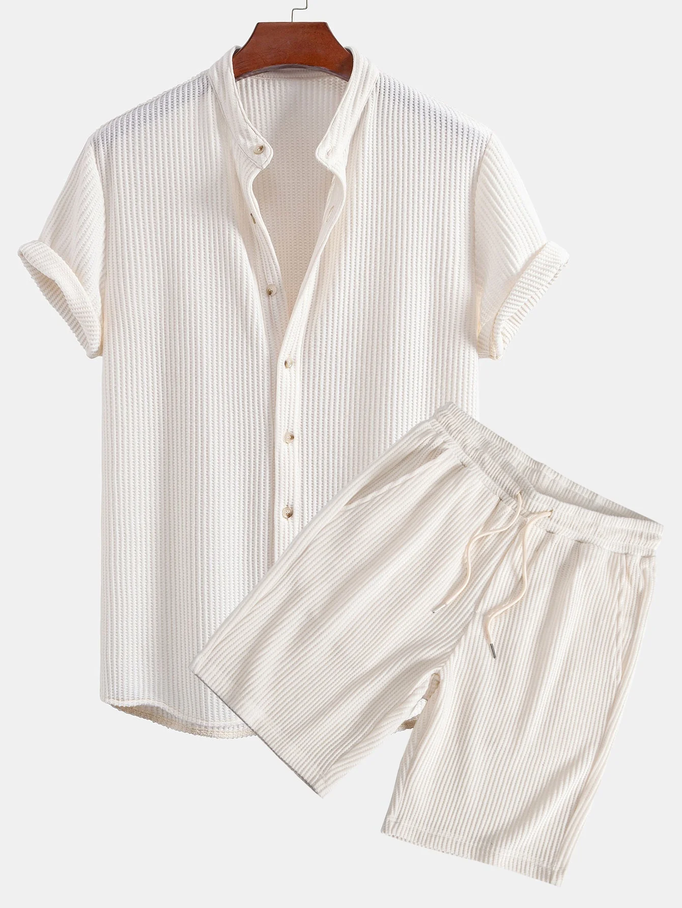 Adelmo® | Waffle Stand Collar Shirt & Drawstring Waffle Shorts - Image 3