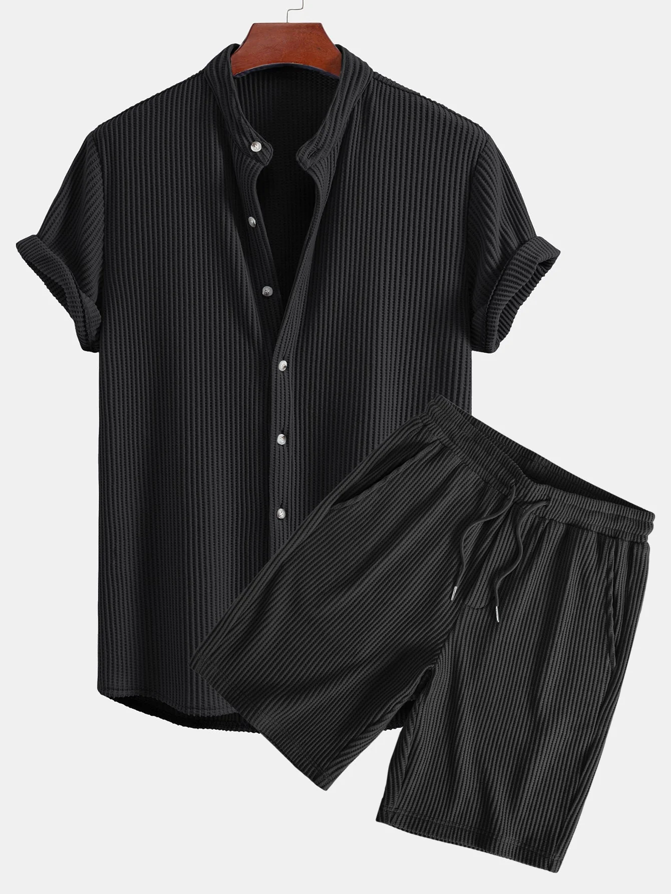 Adelmo® | Waffle Stand Collar Shirt & Drawstring Waffle Shorts - Image 4