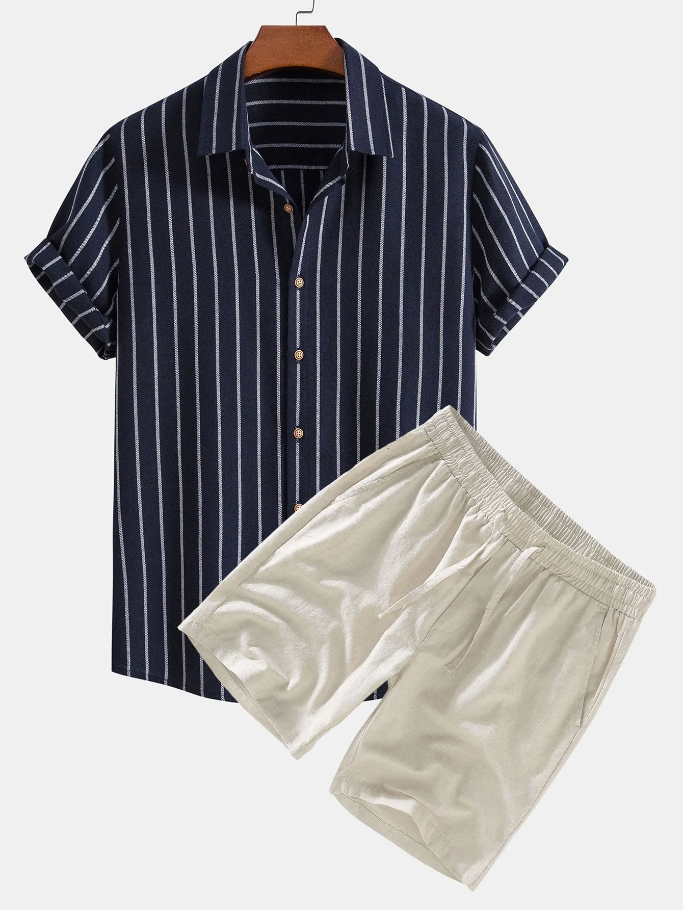 Adelphius® | Cotton Blend Striped Button Up Shirt & Linen Drawstring Shorts - Image 2