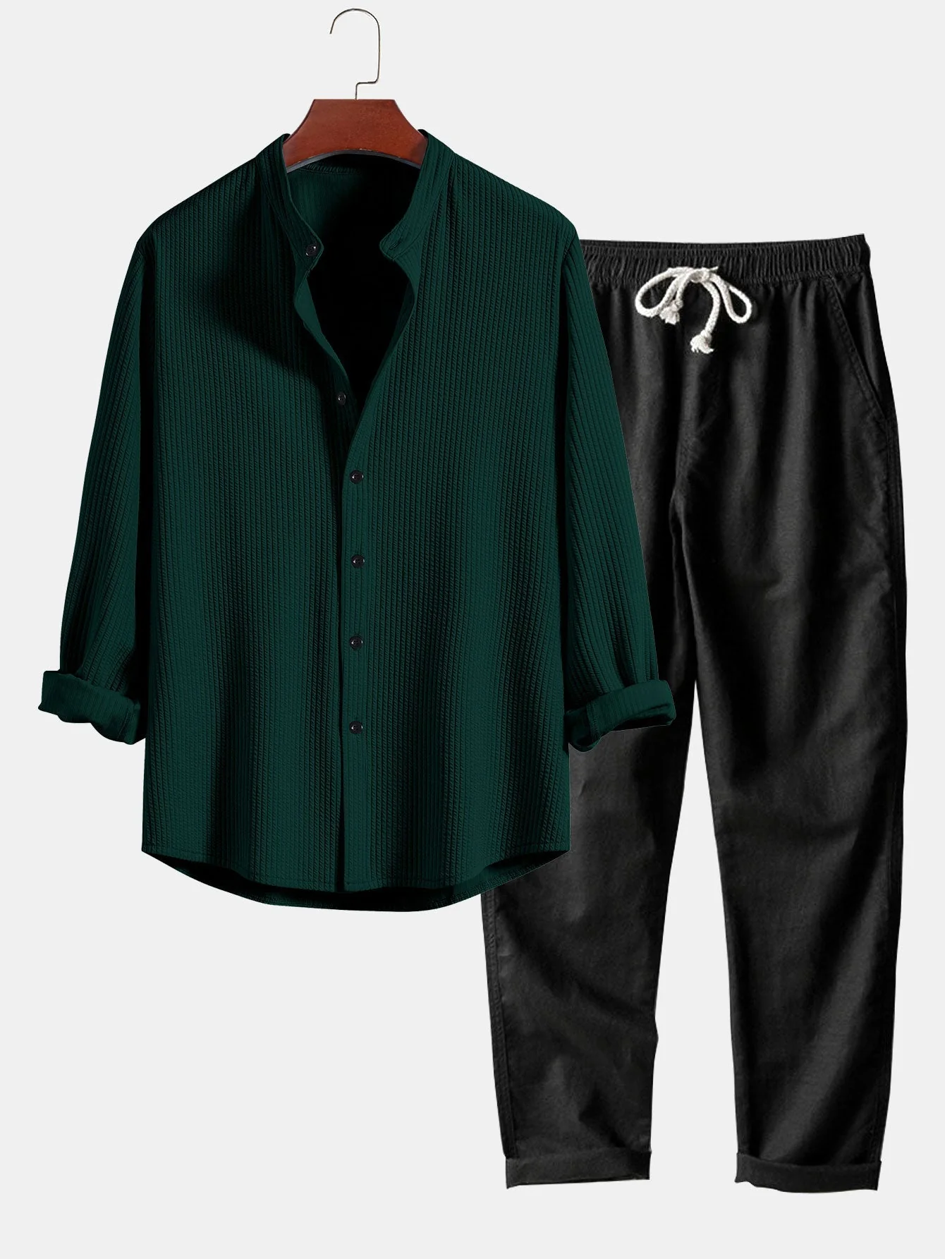 Adlar® | Long Sleeve Muscle Fit Ribbed Stand Collar Shirt & Straight Leg Linen Pants - Image 5