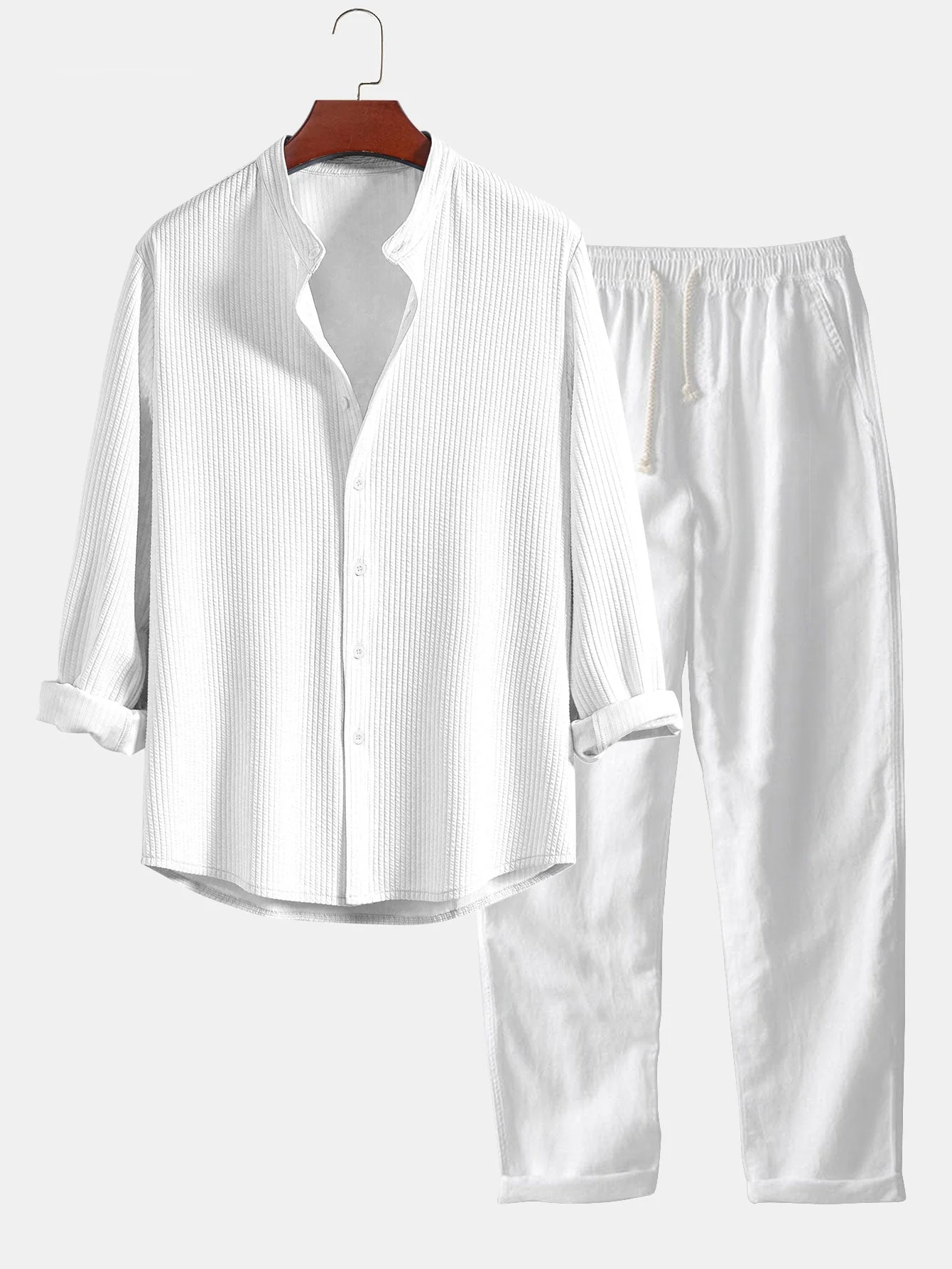 Adlar® | Long Sleeve Muscle Fit Ribbed Stand Collar Shirt & Straight Leg Linen Pants - Image 6