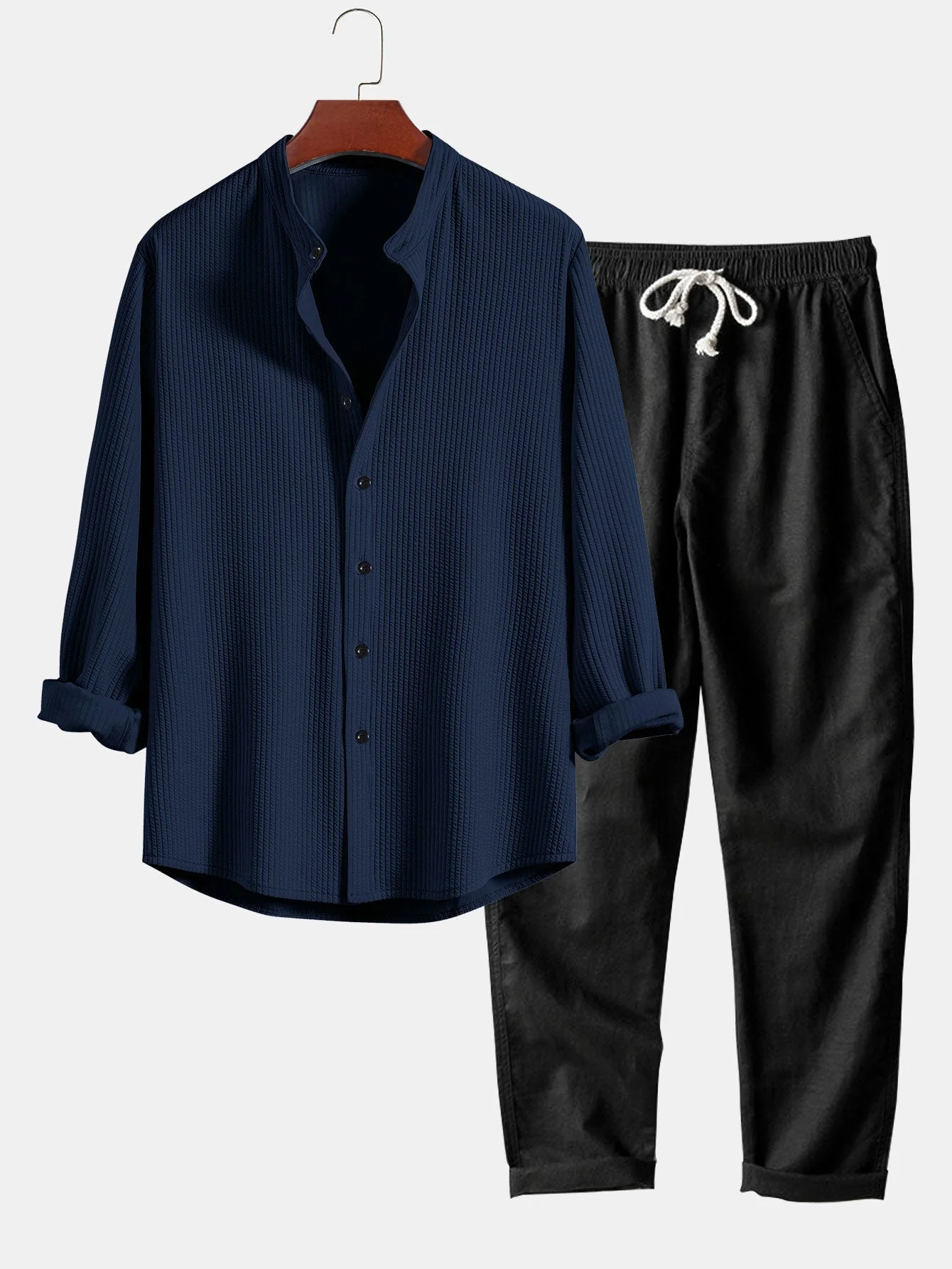 Adlar® | Long Sleeve Muscle Fit Ribbed Stand Collar Shirt & Straight Leg Linen Pants - Image 7