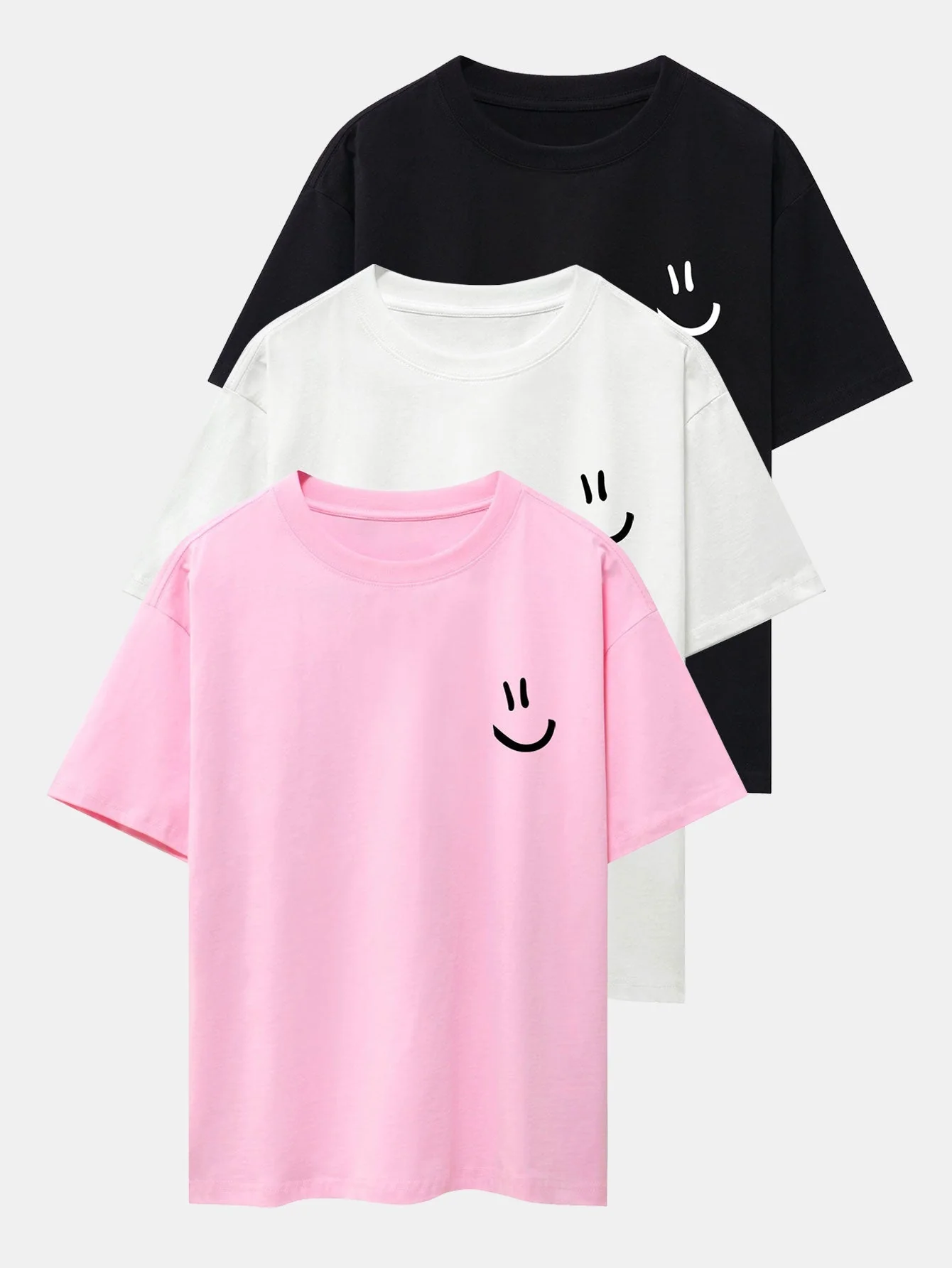 Adney® | 3 Pieces Smiley Face Print Drop Shoulder Oversize T-Shirts - Image 3