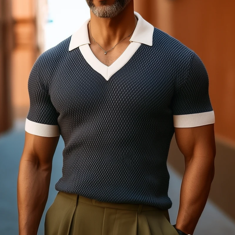 Adrian | Men'S Casual Breathable Colorblock Lapel Slim Fit Knitted Short-Sleeved Polo Shirt - Image 3