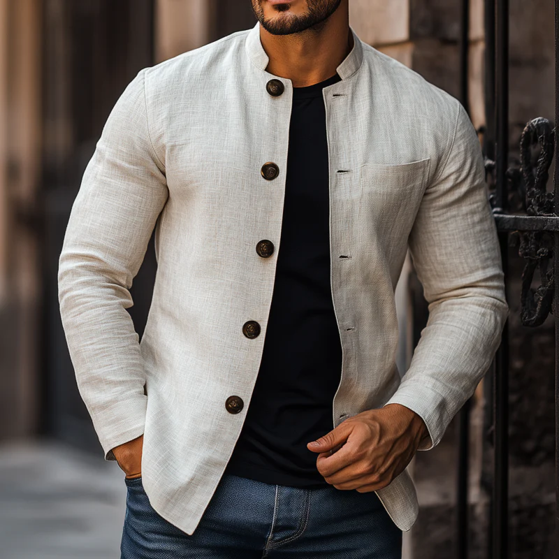 Adrian | Men'S Casual Solid Color Breathable Linen Stand Collar Slim Fit Long Sleeve Shirt Jacket - Image 2