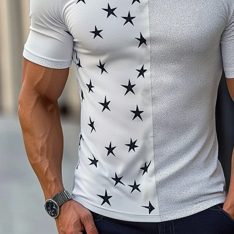 Adrian | Men'S Round Neck Patchwork Printed Cotton Blend Short-Sleeved T-Shirt - Image 3