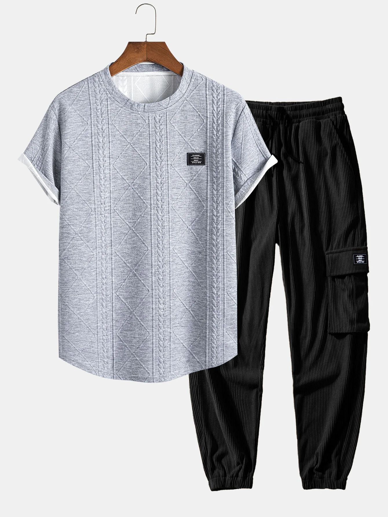 Aeson® | Short Sleeve Geometric Jacquard Arc Hem T-Shirt & Drawstring Corduroy Cargo Jogger Pants - Image 3