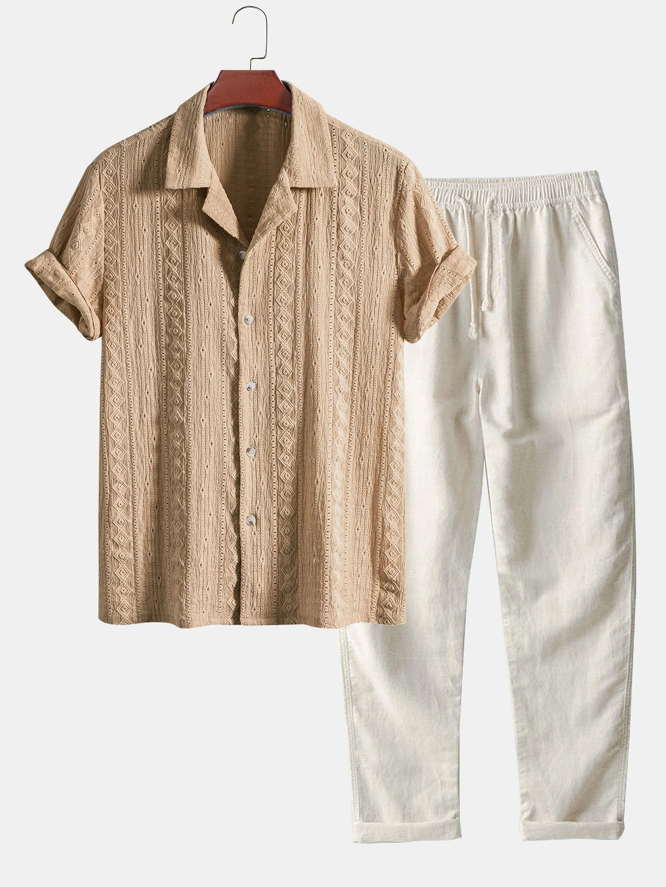 Afan® | Geometric Jacquard Textured Cuban Shirt & Straight Leg Linen Pants - Image 2