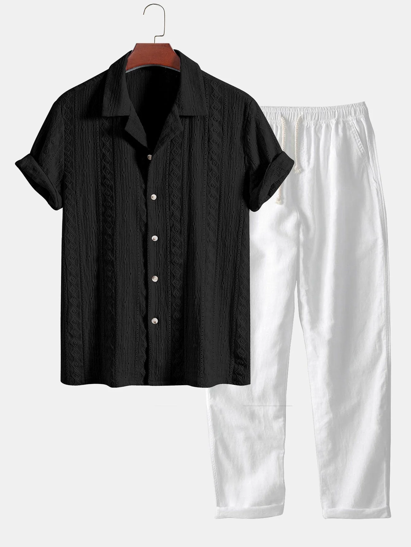 Afan® | Geometric Jacquard Textured Cuban Shirt & Straight Leg Linen Pants - Image 3