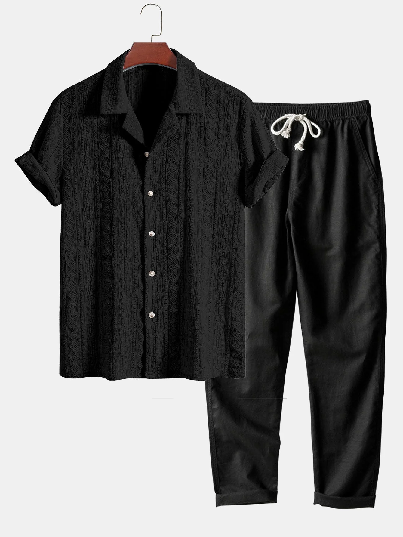 Afan® | Geometric Jacquard Textured Cuban Shirt & Straight Leg Linen Pants - Image 4