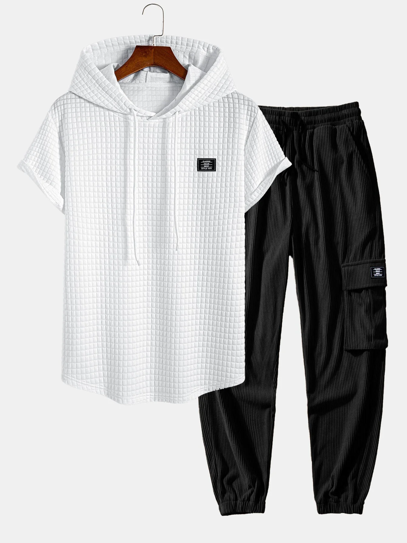 Afif® | Waffle Hooded Arc Hem T-Shirt & Drawstring Corduroy Cargo Jogger Pants - Image 2