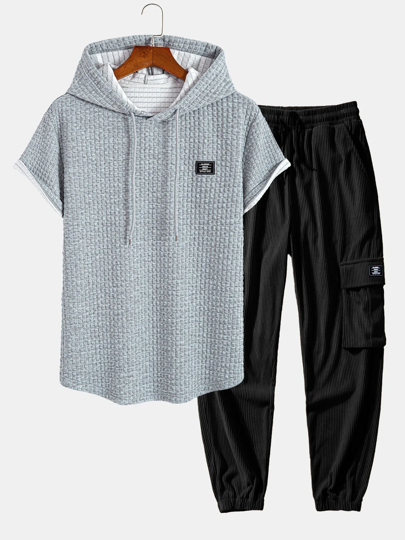 Afif® | Waffle Hooded Arc Hem T-Shirt & Drawstring Corduroy Cargo Jogger Pants - Image 3
