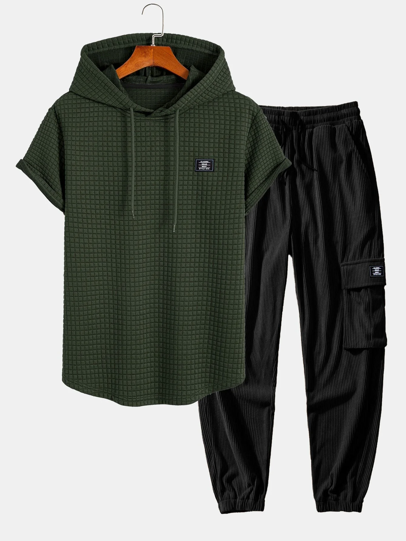 Afif® | Waffle Hooded Arc Hem T-Shirt & Drawstring Corduroy Cargo Jogger Pants - Image 4