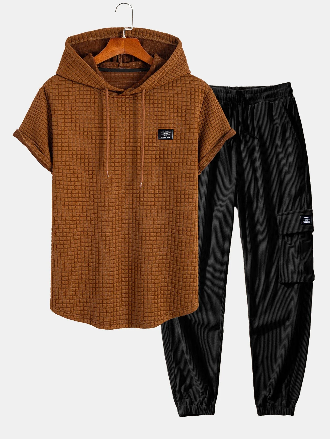 Afif® | Waffle Hooded Arc Hem T-Shirt & Drawstring Corduroy Cargo Jogger Pants - Image 5