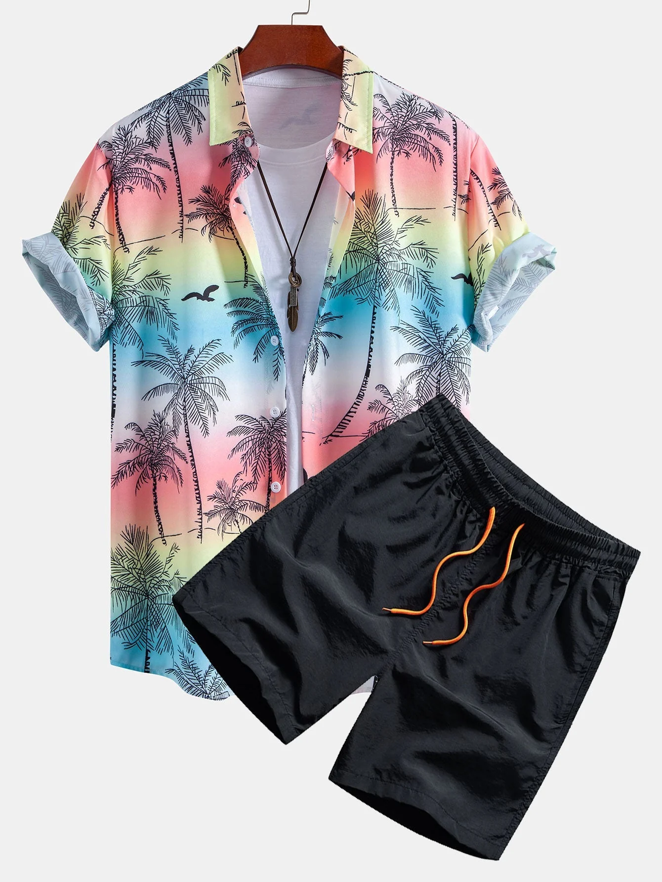 Agamenon® | Palm Tree Seagull Print Button Up Shirt & Man Mid Length Drawstring Swim Shorts - Image 2