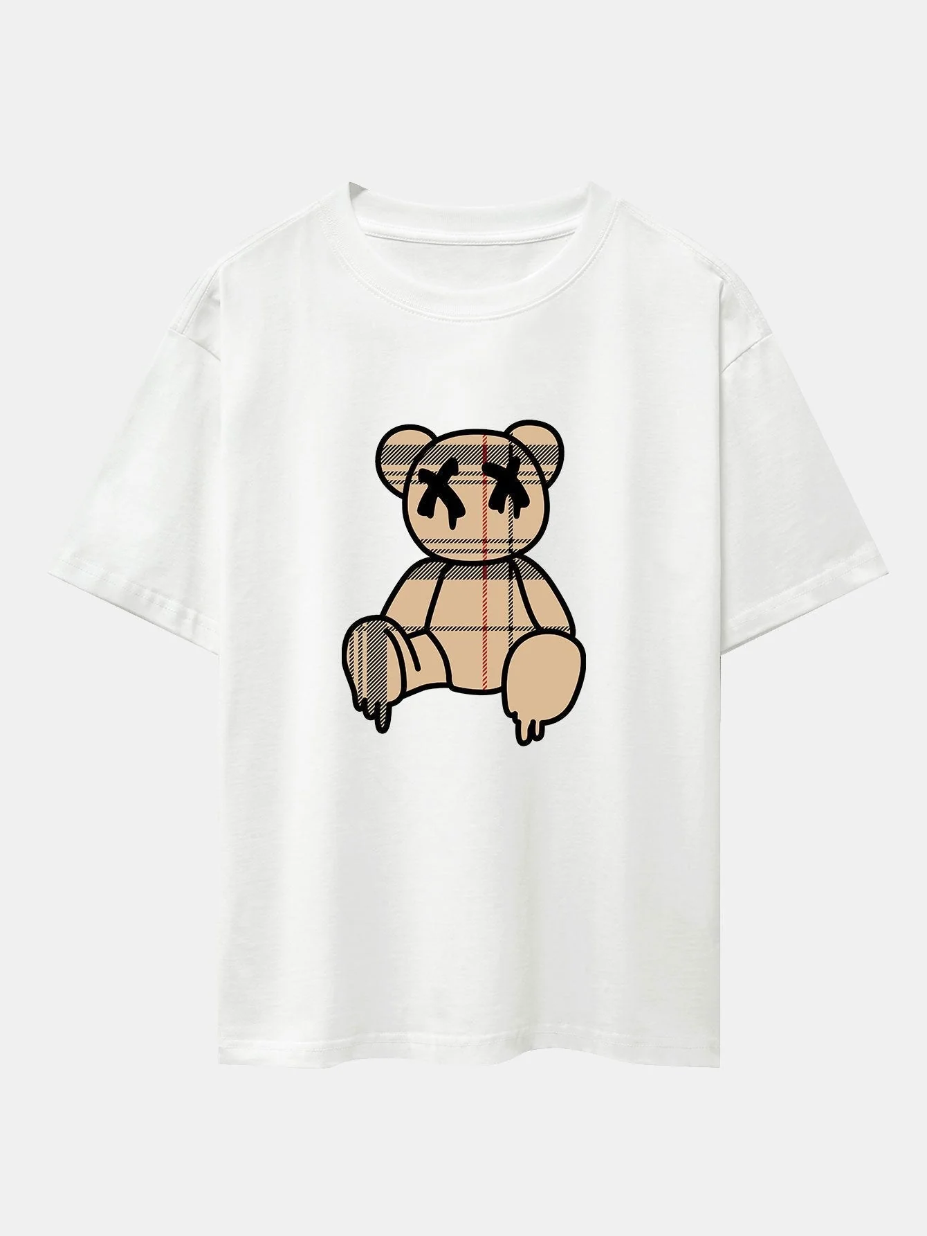 Agilbert® | Plaid Pattern Dissolving Bear Print Oversize T-Shirt & Shorts - Image 3
