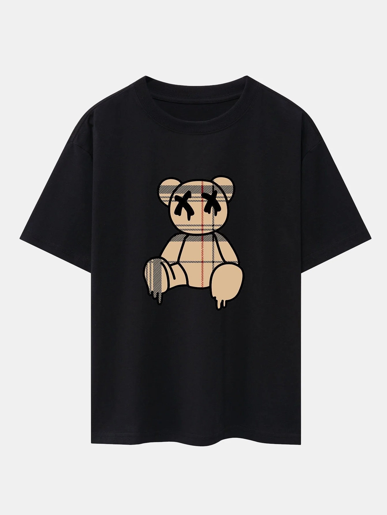 Agilbert® | Plaid Pattern Dissolving Bear Print Oversize T-Shirt & Shorts - Image 4