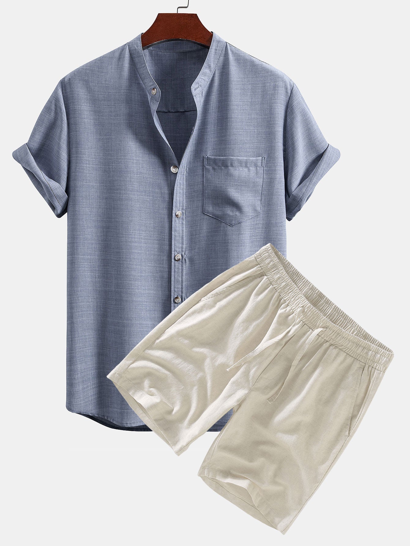 Agustin® | Short Sleeve Stand Collar Shirt & Linen Drawstring Shorts - Image 4