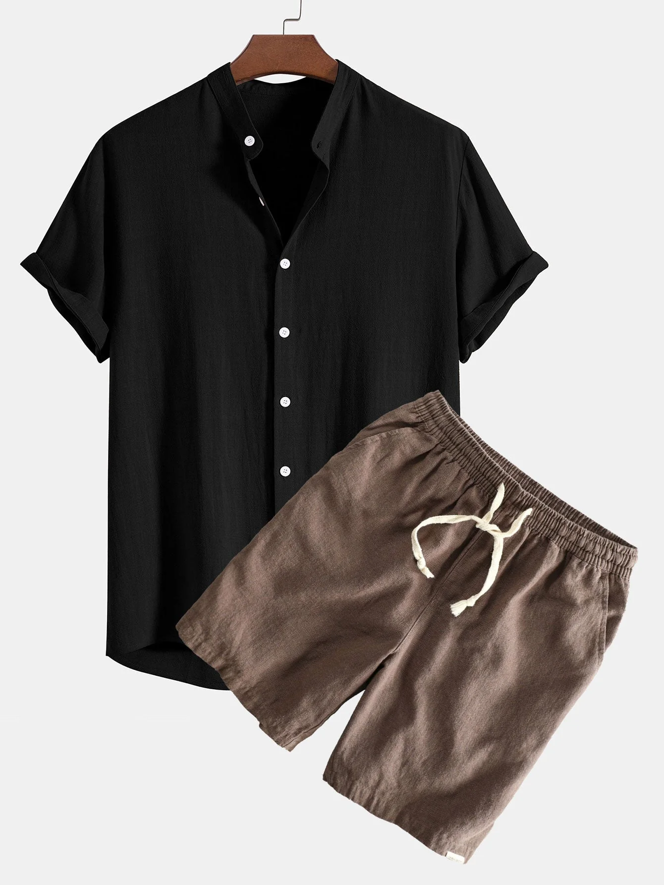 Ahab® | Linen And Rayon Blend Stand Collar Shirt & Linen Cotton Blend Drawstring Shorts - Image 2