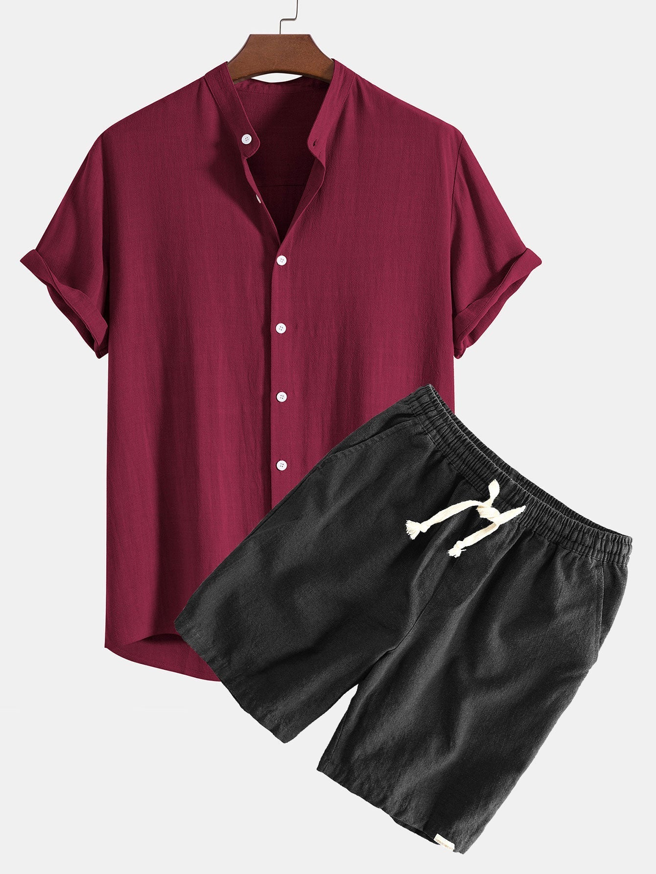 Ahab® | Linen And Rayon Blend Stand Collar Shirt & Linen Cotton Blend Drawstring Shorts - Image 4