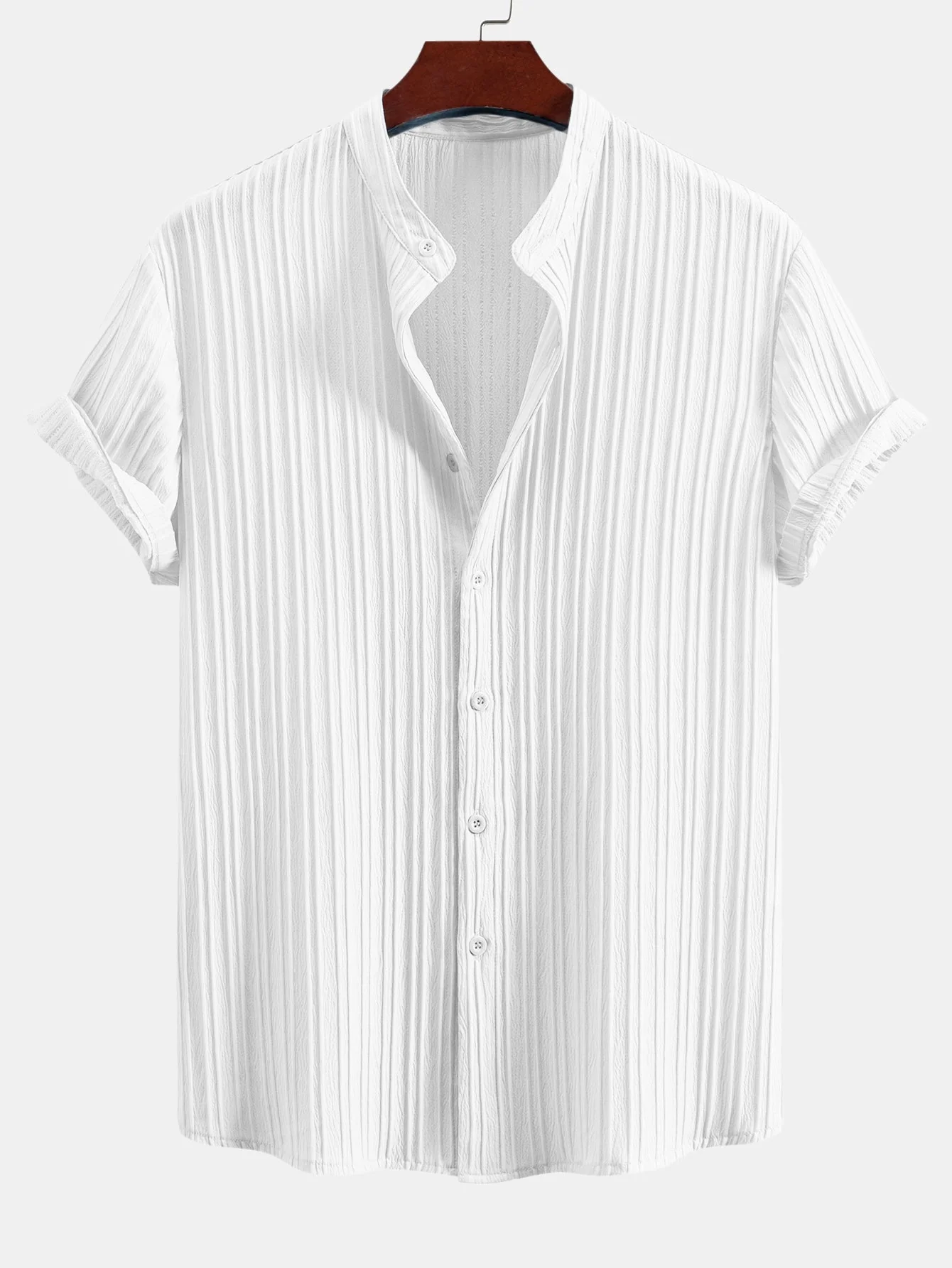 Ahiram® | Textured Stand Collar Shirt & Stripe Print Swim Shorts - Image 2