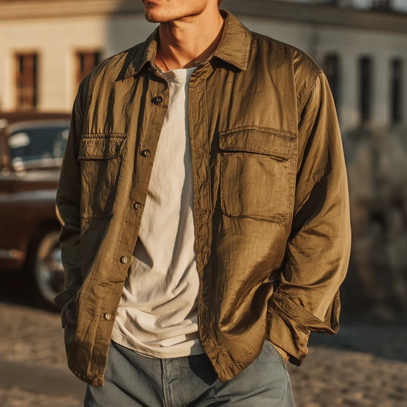 Alan | Men'S Casual Solid Color Tencel Blended Lapel Flap Pocket Loose Long Sleeve Shirt - Image 2