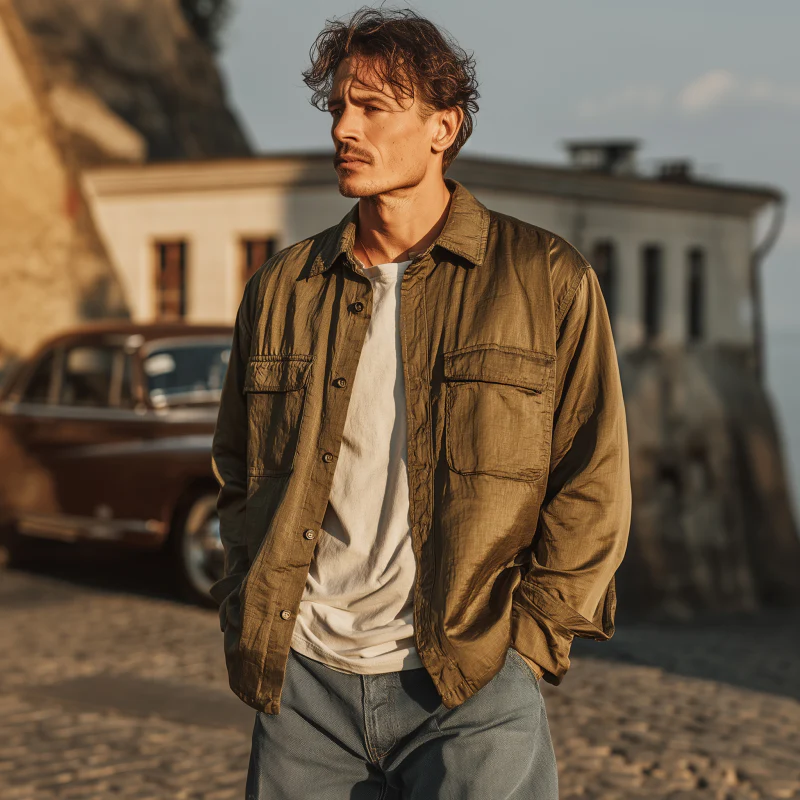 Alan | Men'S Casual Solid Color Tencel Blended Lapel Flap Pocket Loose Long Sleeve Shirt - Image 3