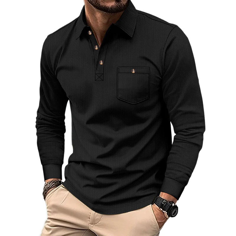 Alan | Men'S Solid Color Waffle Long Sleeve Polo Shirt - Image 3