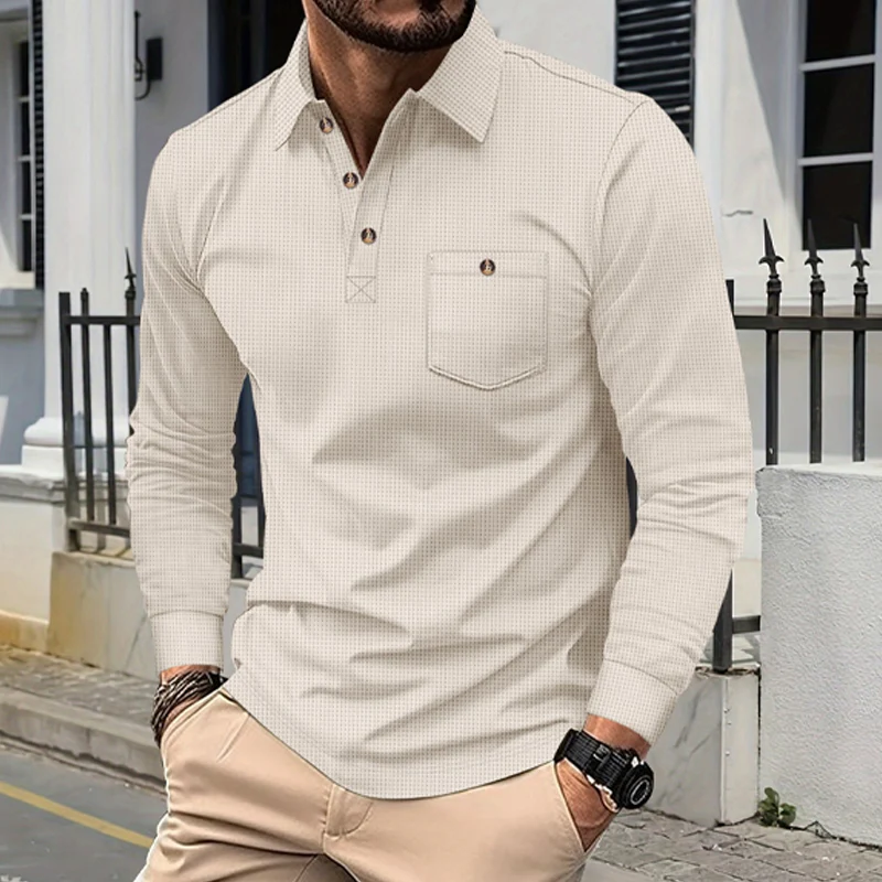 Alan | Men'S Solid Color Waffle Long Sleeve Polo Shirt - Image 4