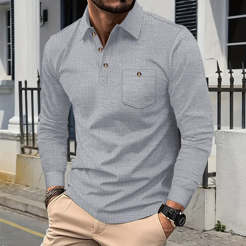 Alan | Men'S Solid Color Waffle Long Sleeve Polo Shirt - Image 5