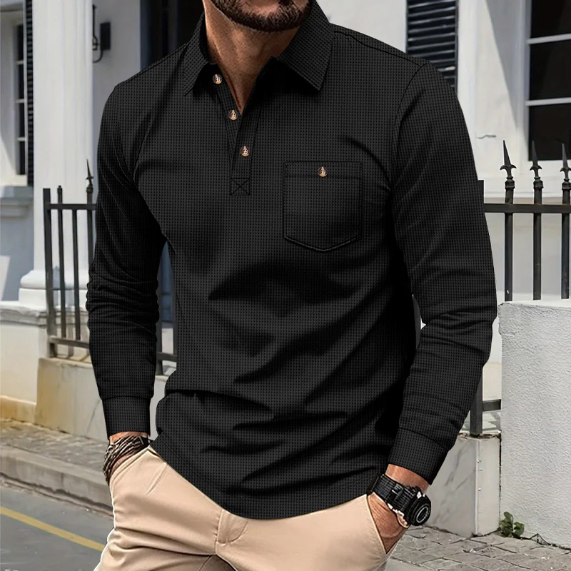 Alan | Men'S Solid Color Waffle Long Sleeve Polo Shirt - Image 6