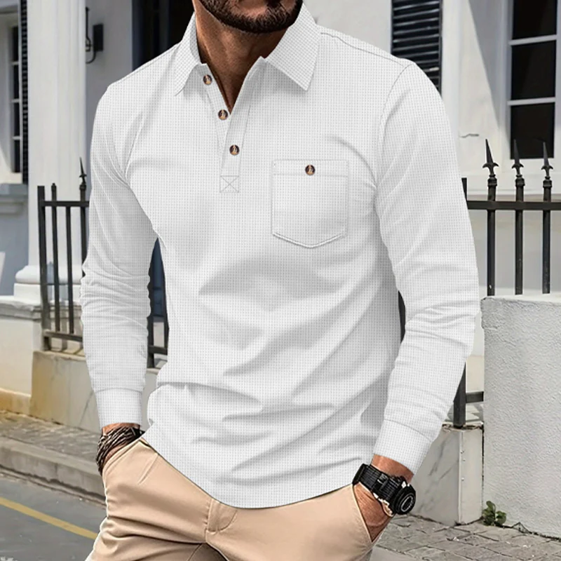Alan | Men'S Solid Color Waffle Long Sleeve Polo Shirt - Image 7