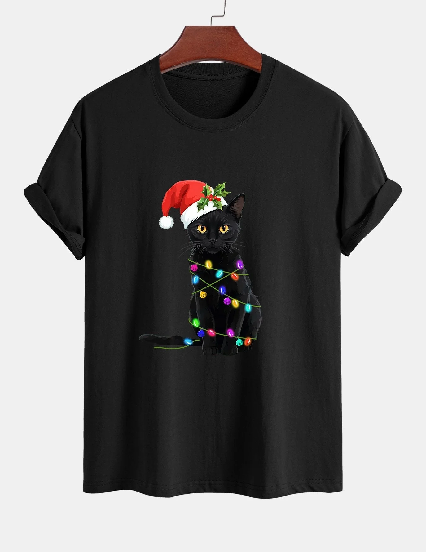 Alano® | Christmas Lights Cat Print Cotton T-Shirt - Image 2