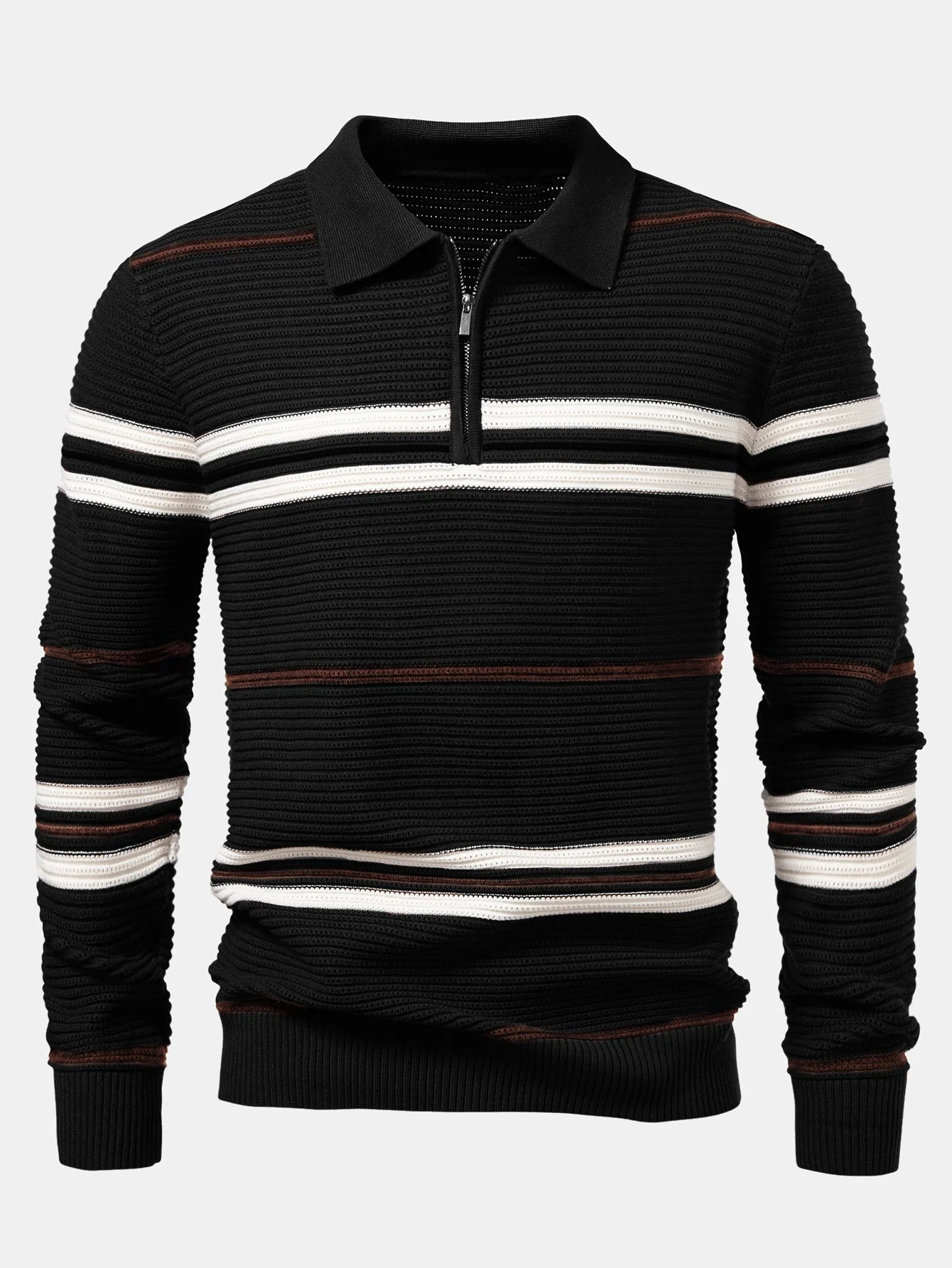 Albano® | Striped Textured Zip Knit Polo Shirt - Image 11